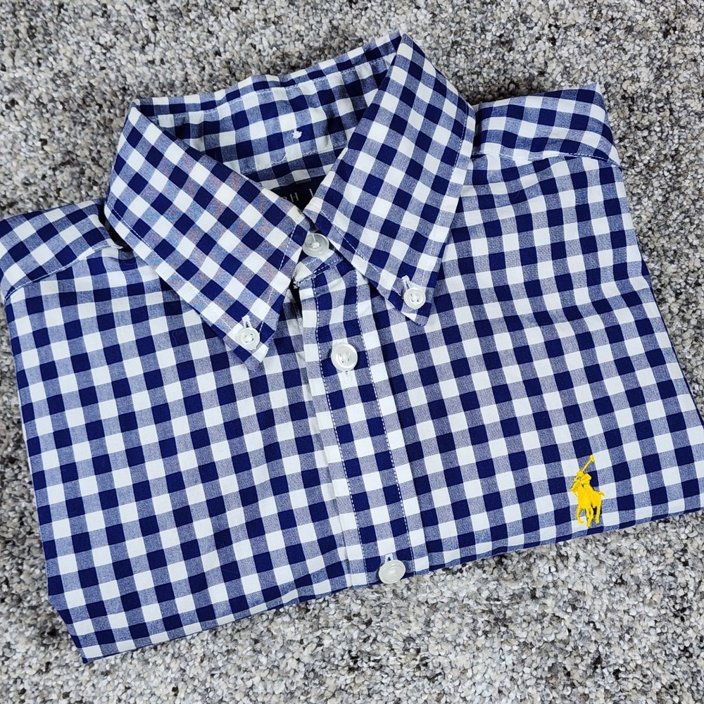 Ralph Lauren Button Down Mens Small Gingham Navy Blue White Pony Excellent